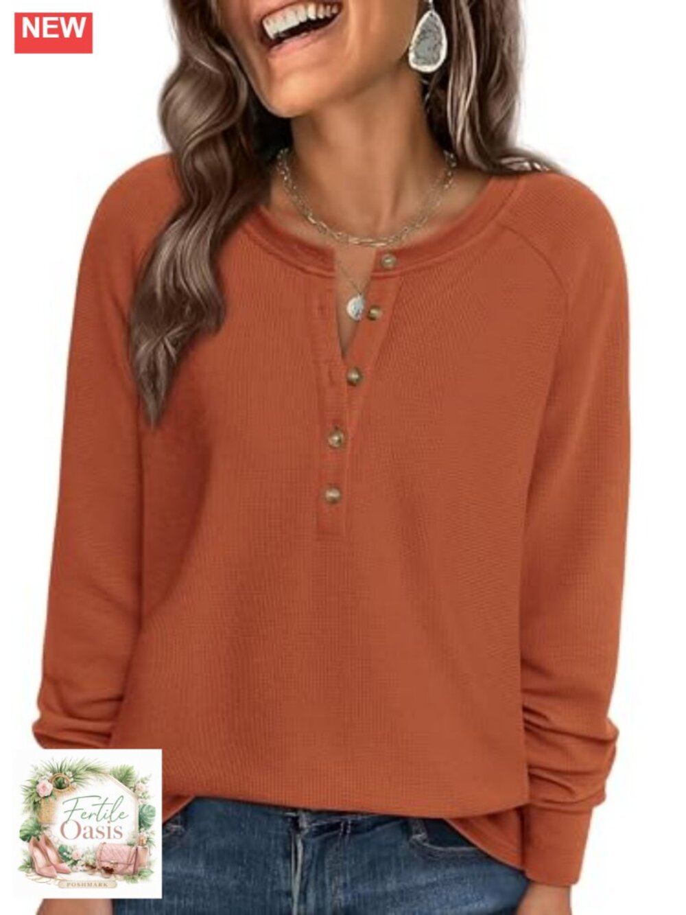 Waffle Knit Henley Long Sleeve Top Women's Loose Fit Raglan Tee Casual Tunic